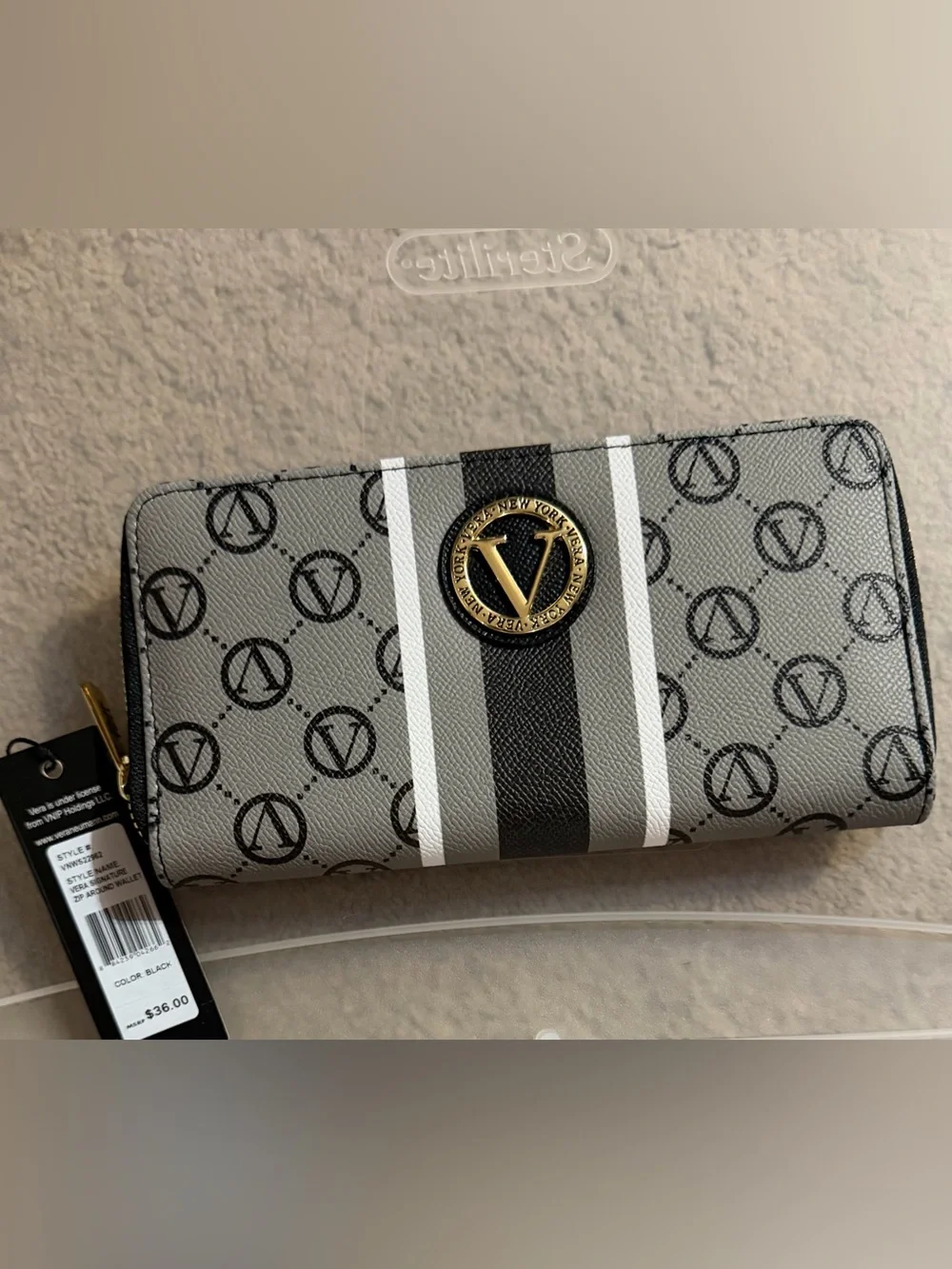 Vera Gray Logo-Print Zip Wallet with Stripe Detail